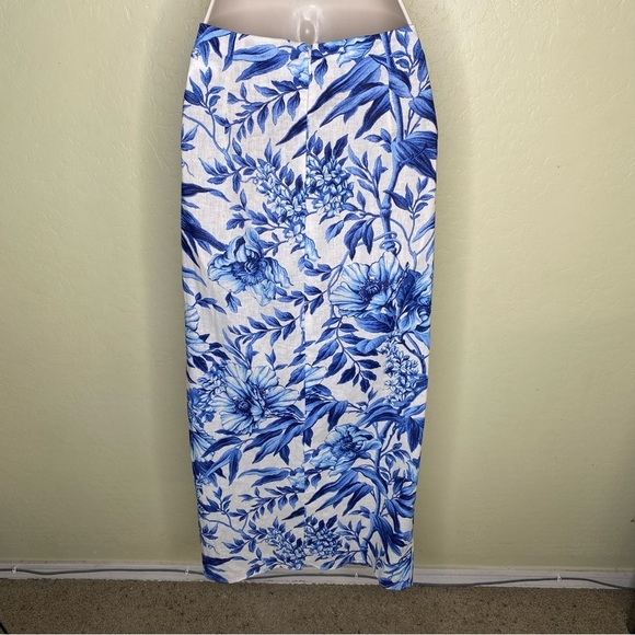 H&M Linen Blue and White Floral Midi Skirt with Slit Size 6 - Picture 11 of 16